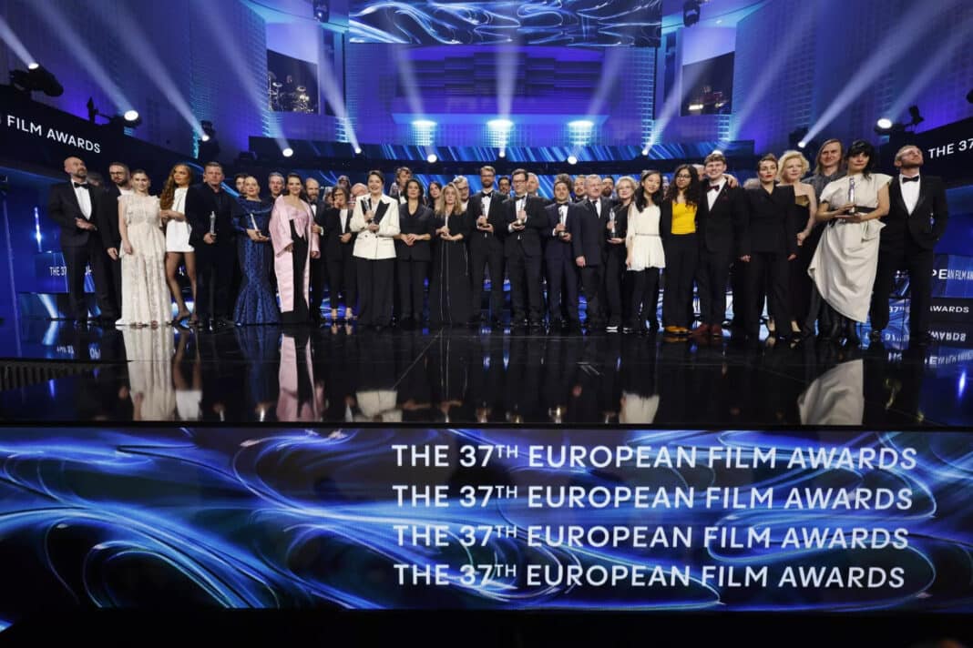 winners of the 37th European Film Awards at the closing ceremony of the event.